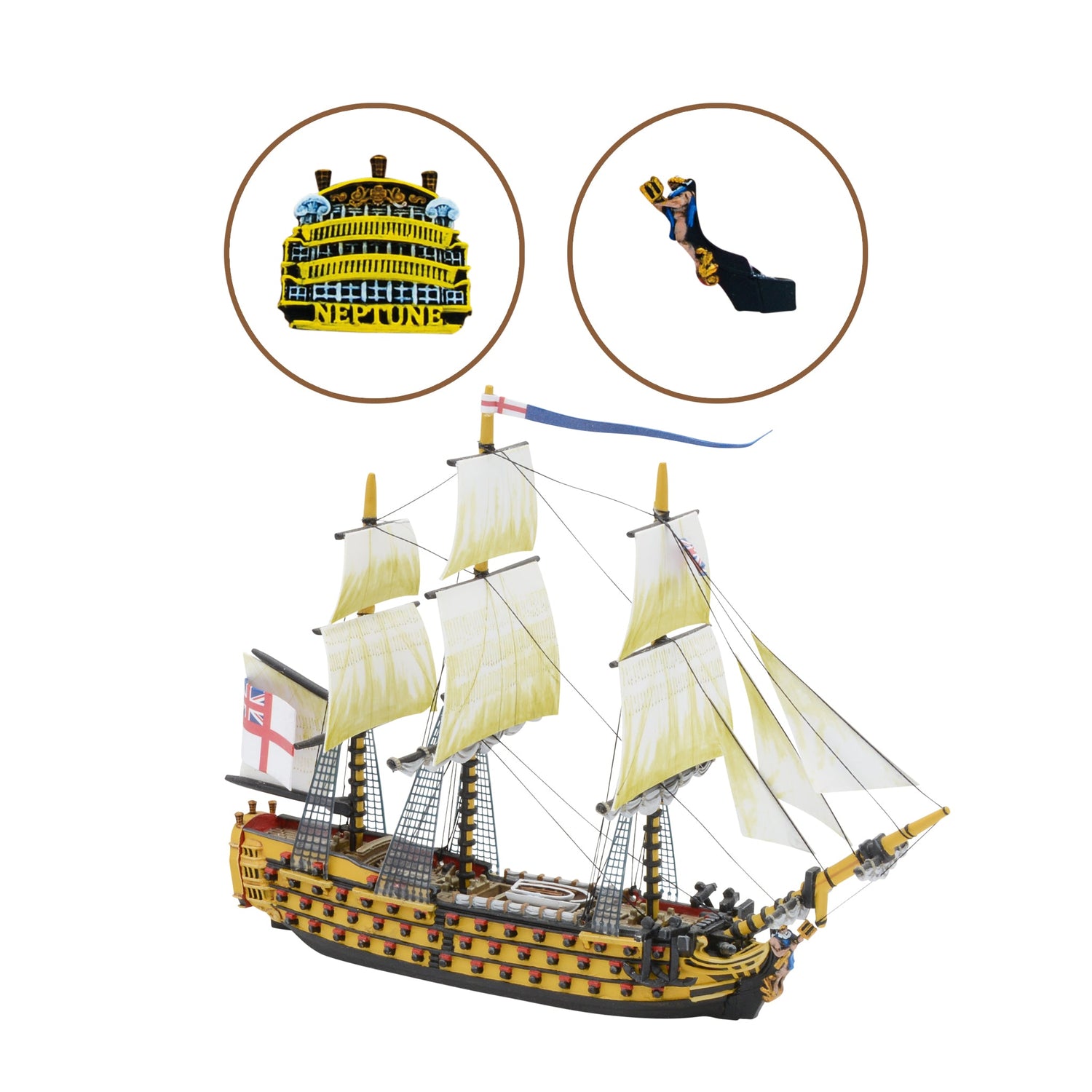 Black Seas: Royal Navy - HMS Neptune (Royal Navy 2nd Rate) - Ship with Figure Head & Back Plate Bundle