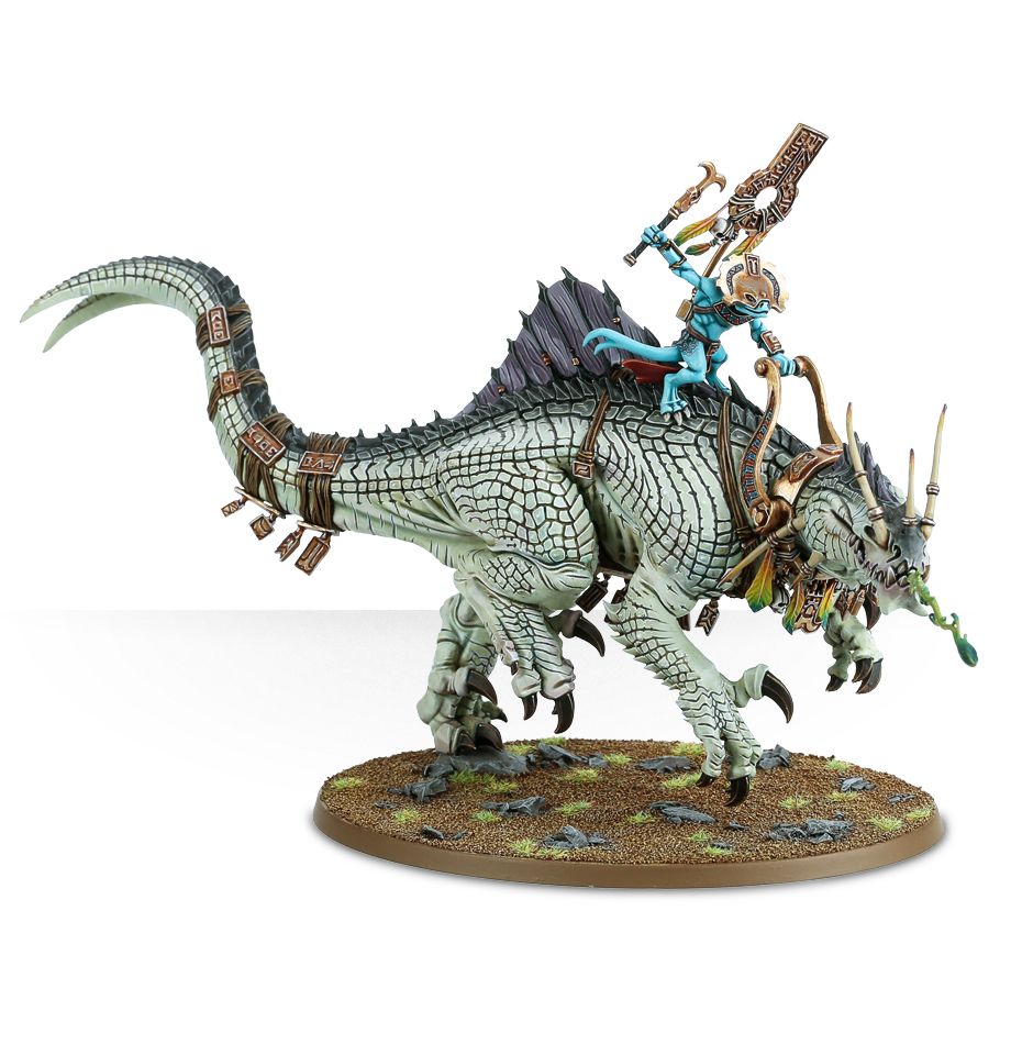 Saurus Oldblood on Carnosaur / Saurus Scar-Veteran on Carnosaur / Skink Oracle on Troglodon